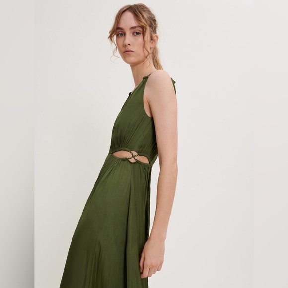 SIZE 34 MAJE KHAKI SATIN LONG STRAIGHT-CUT DRESS WITH OPENWORK AT THE WAIST 👗 - Picture 3 of 11
